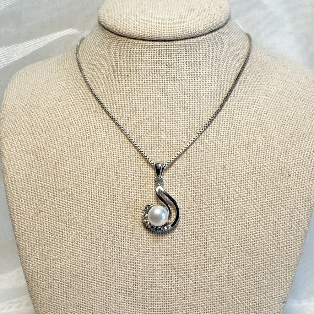 Cultured Pearl CZ Swirl Design Statement Pendant 925 Sterling Silver 20" Length